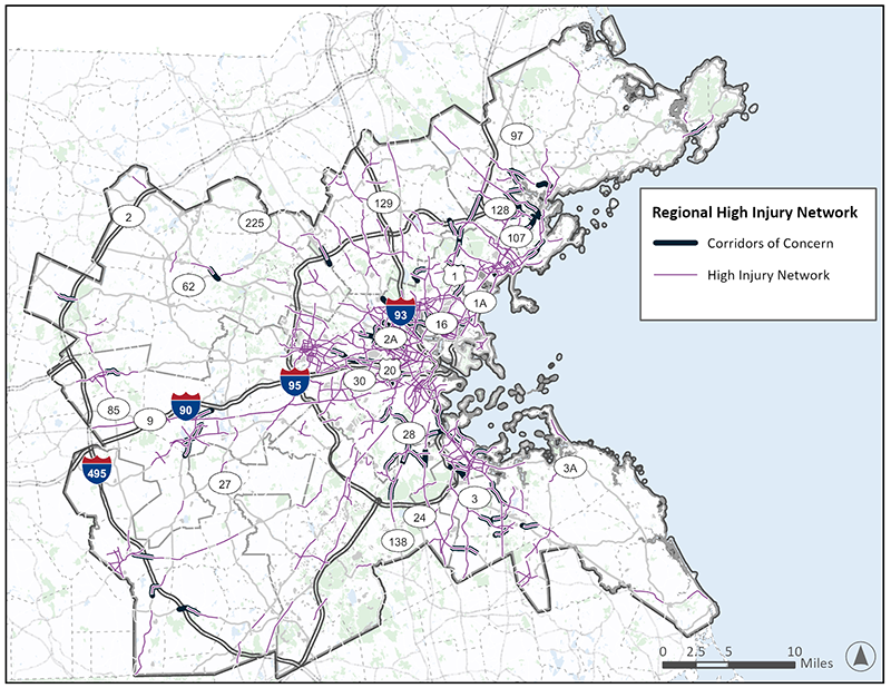 Figure 1.2: A map showing the boundaries of the Boston Region MPO network with corridors of concern and the high injury network depicted in line segments.